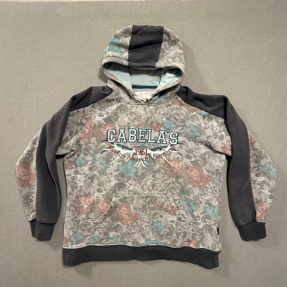 Cabela's Floral Pastel Gray Embroidered Logo Hoodie Pullover Sweatshirt Women